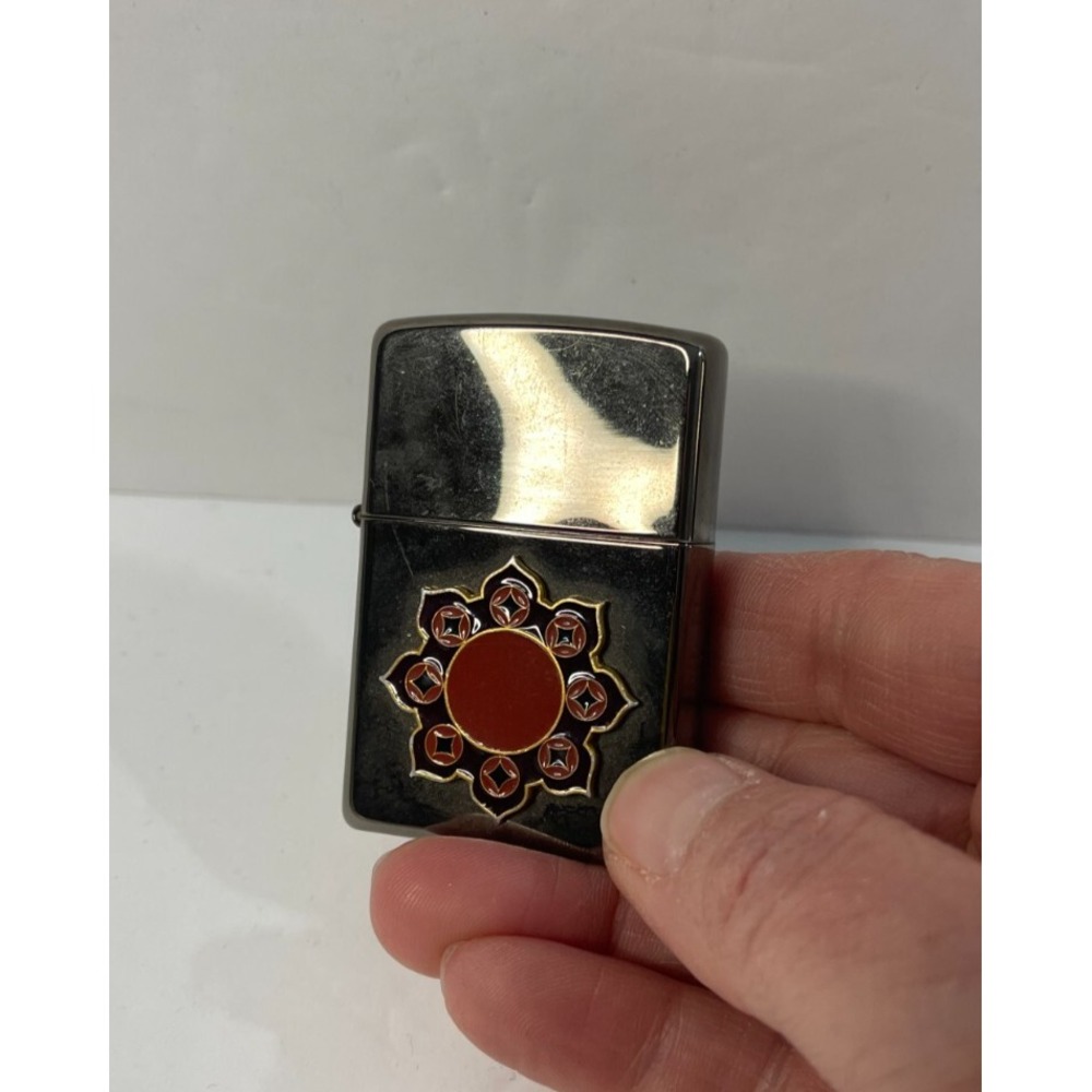 Gunmetal Chrome Windproof Lighter with Red Enameled Mandala Sunburst Emblem